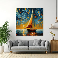 Abstract wall art of a boat at night with a circular sky – bold and expressive canvas print perfect for modern wall decor