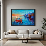 Boat on water hand painted canvas wall art with sunset and houses in black floater frame