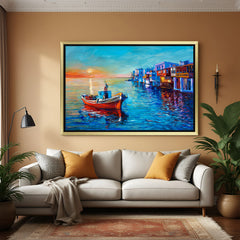 Boat on water hand painted canvas wall art with sunset and houses in golden floater frame