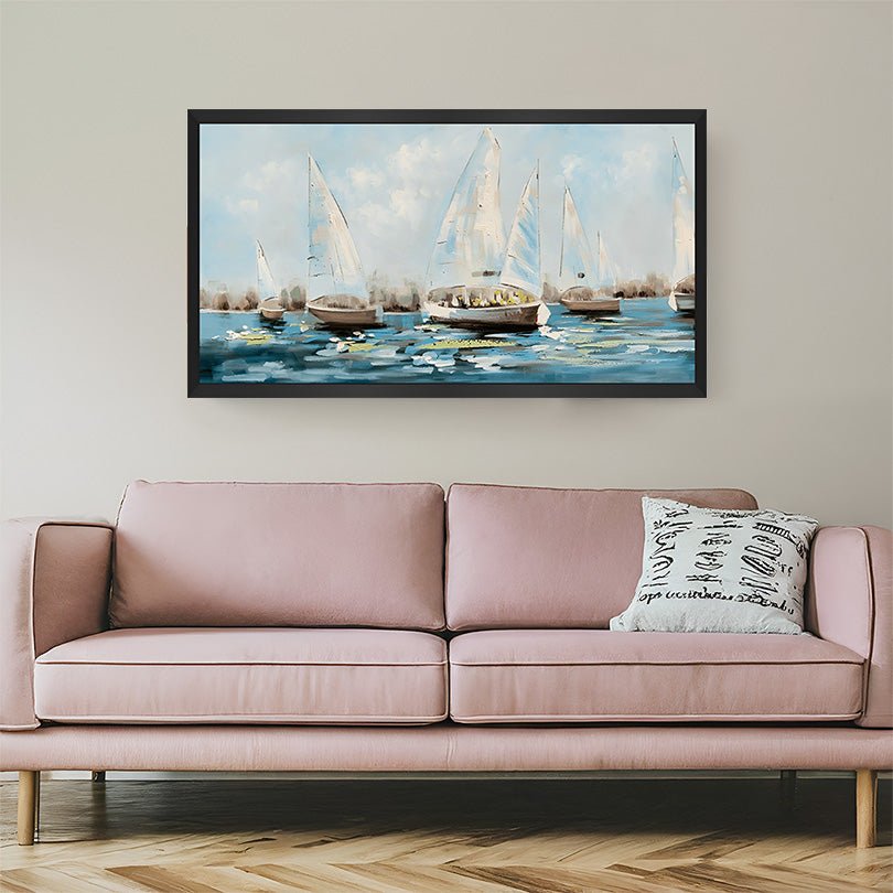 Black frame boats in water wall art – modern abstract canvas with tranquil water and boat composition