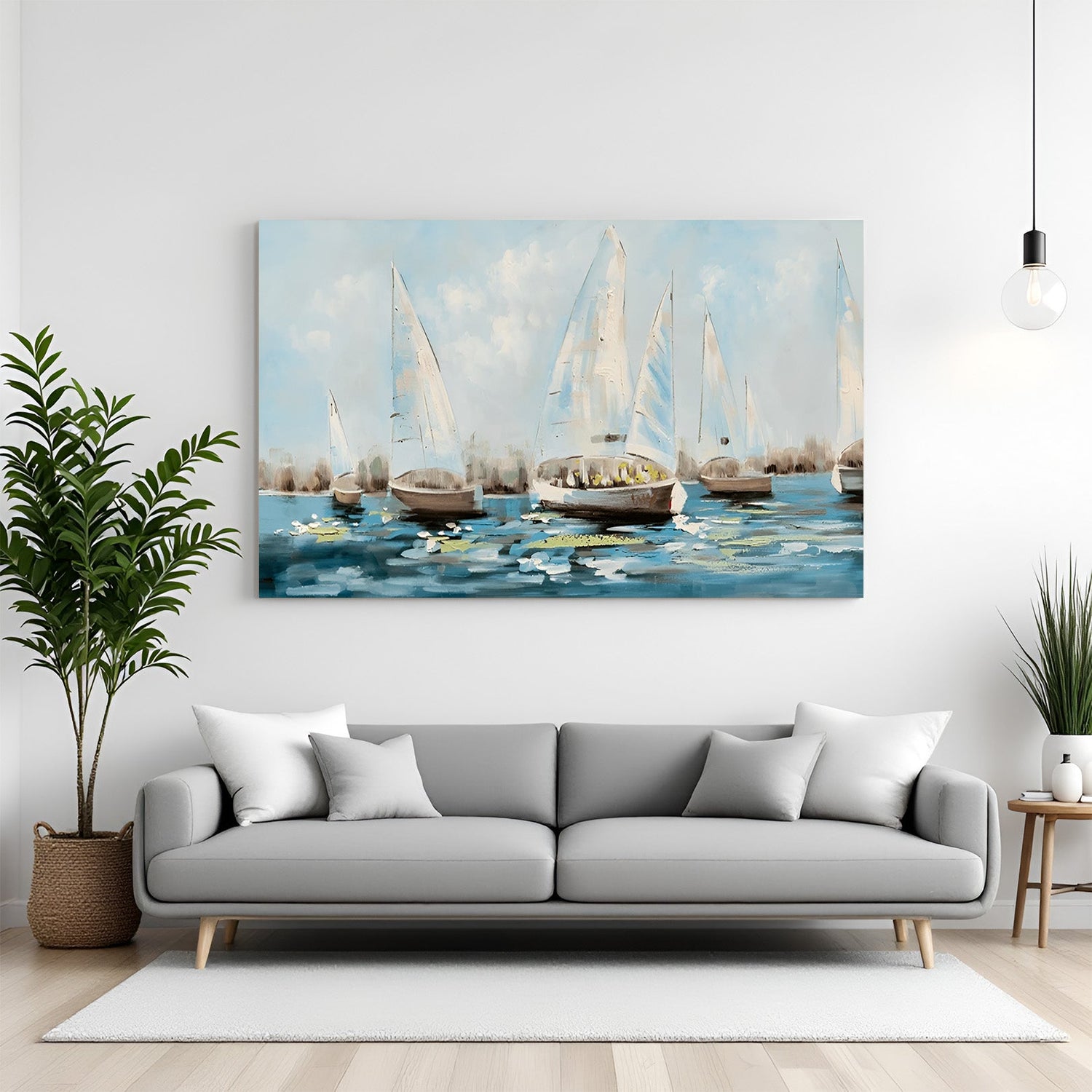 Boats in water abstract wall art – painted canvas print with calm waters and artistic floating boats