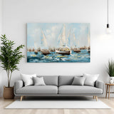 Boats in water abstract wall art – painted canvas print with calm waters and artistic floating boats