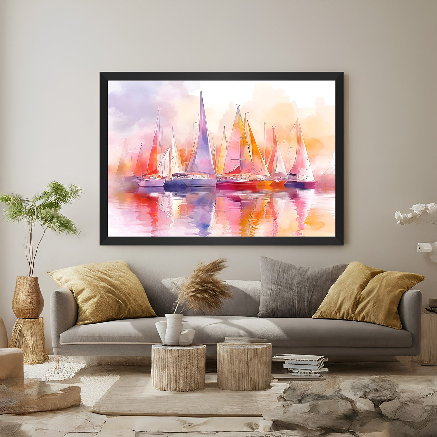 Black frame abstract wall art of boats in wavy water – modern canvas print with fluid brushstrokes and scenic movement