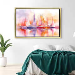Golden frame boats on wavy water canvas – abstract wall art featuring ripples and boats in painted artistic style