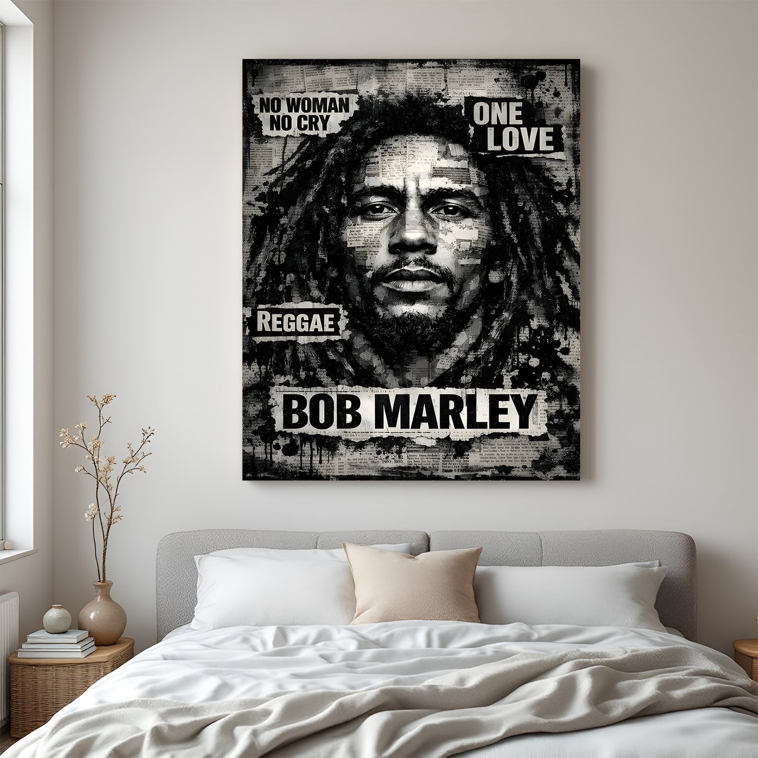 Modern art canvas featuring Bob Marley face in canvas wrapped frame with artistic styling