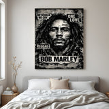 Modern art canvas featuring Bob Marley face in canvas wrapped frame with artistic styling