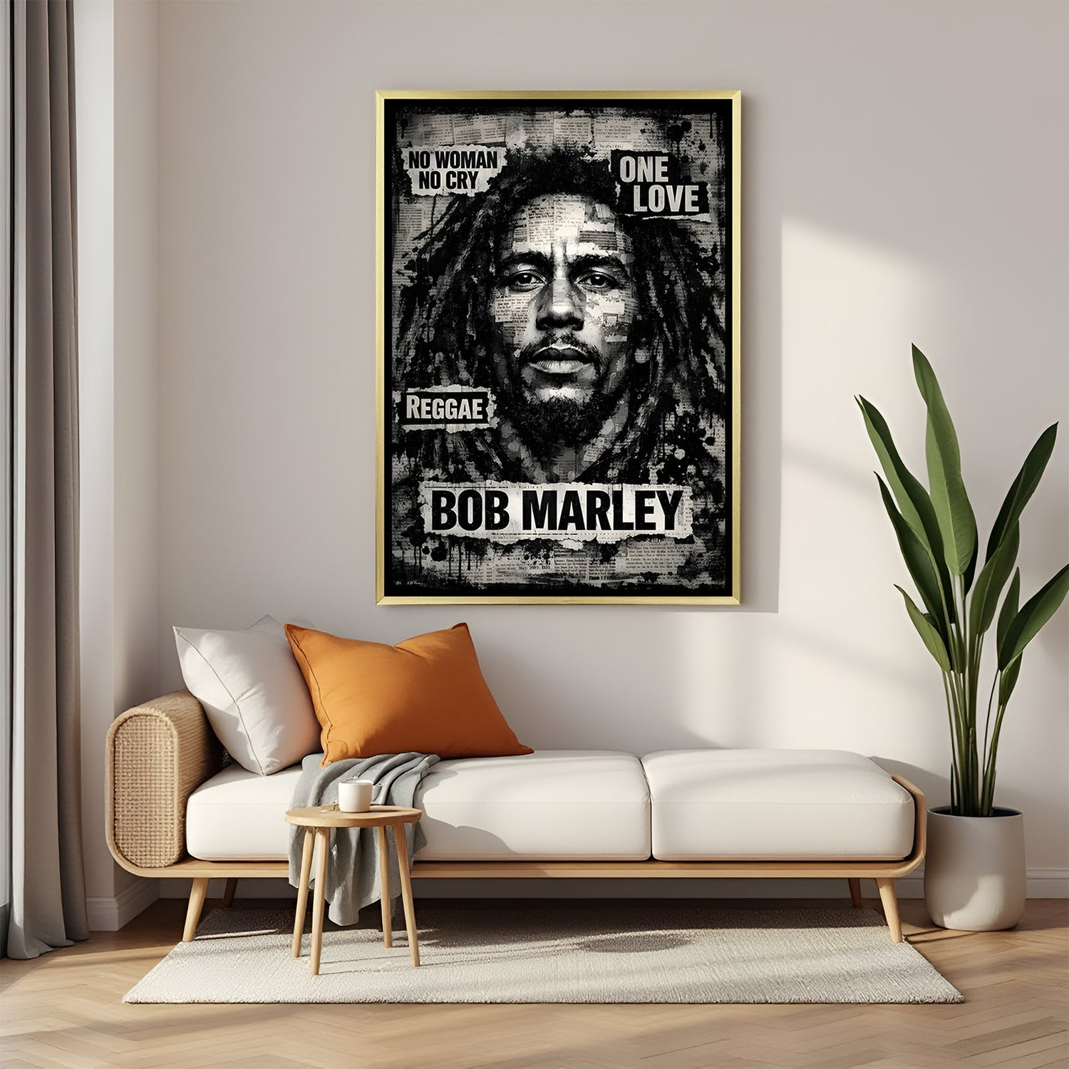 Modern Bob Marley face canvas wall art in luxury golden floater frame with artistic finish