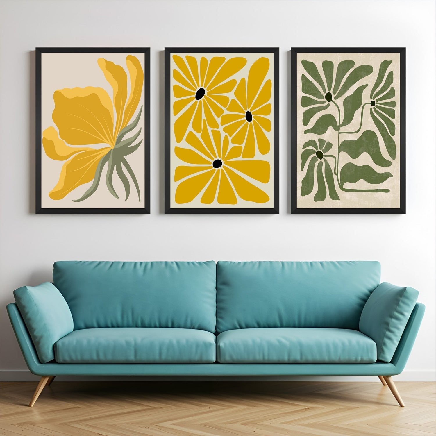 Set of 3 bohemian canvas artworks with different floral designs in earthy tones – ideal for calm, cozy wall decor in any room