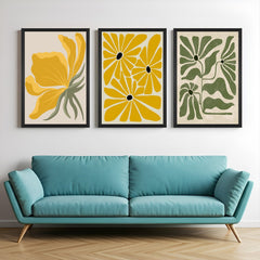 Set of 3 bohemian canvas artworks with different floral designs in earthy tones – ideal for calm, cozy wall decor in any room