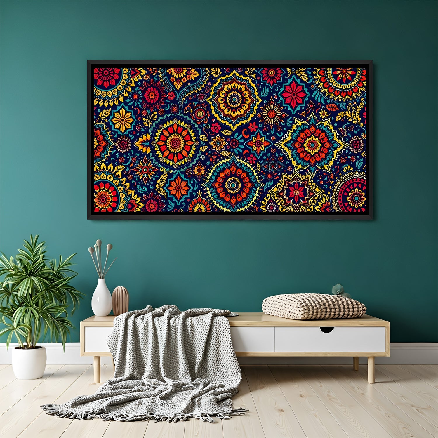 Bohemian Mandala Pattern ethnic canvas artwork in premium black floater frame