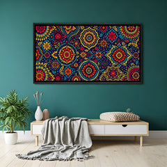 Bohemian Mandala Pattern ethnic canvas artwork in premium black floater frame