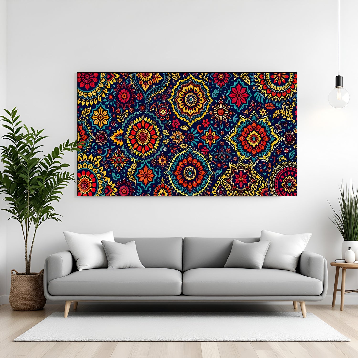 Bohemian Mandala Pattern canvas painting with colorful ethnic artwork in canvas wrapped frame
