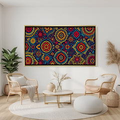 Mandala wall art in luxury golden floater frame with colorful bohemian design