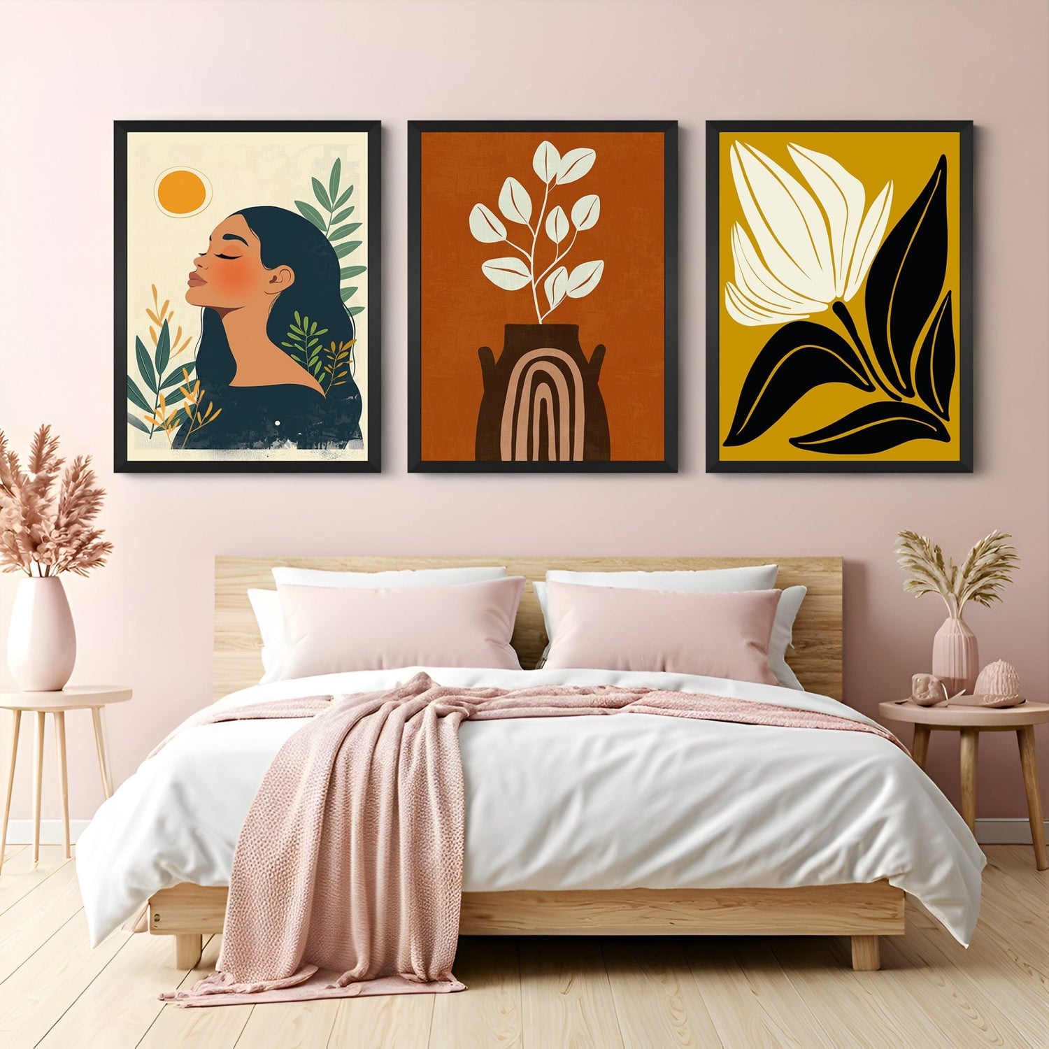 Boho canvas trio with female figure, flower pot print, and floral artwork – nature-inspired wall art for minimalist and modern decor