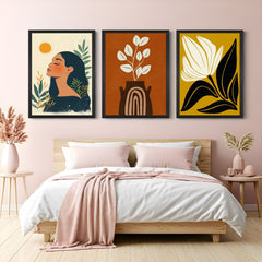 Boho canvas trio with female figure, flower pot print, and floral artwork – nature-inspired wall art for minimalist and modern decor