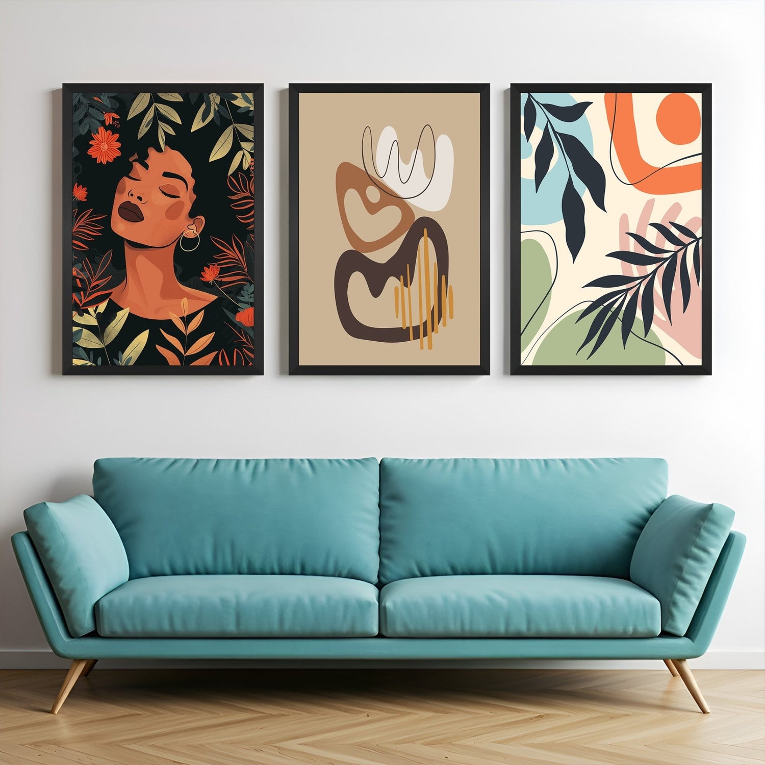 Set of 3 boho canvas prints with feminine boho artwork, warm abstract shapes, and pastel leaf art – perfect for earthy, stylish decor
