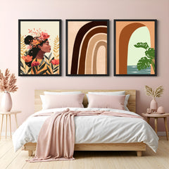 Canvas trio featuring boho-style girl with flowers, artistic rainbow in earthy tones, and abstract gate view – great for calm, creative spaces