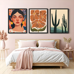Canvas trio featuring girl face portrait, flower artwork, and desert cactus – great for calm, nature-loving wall styling