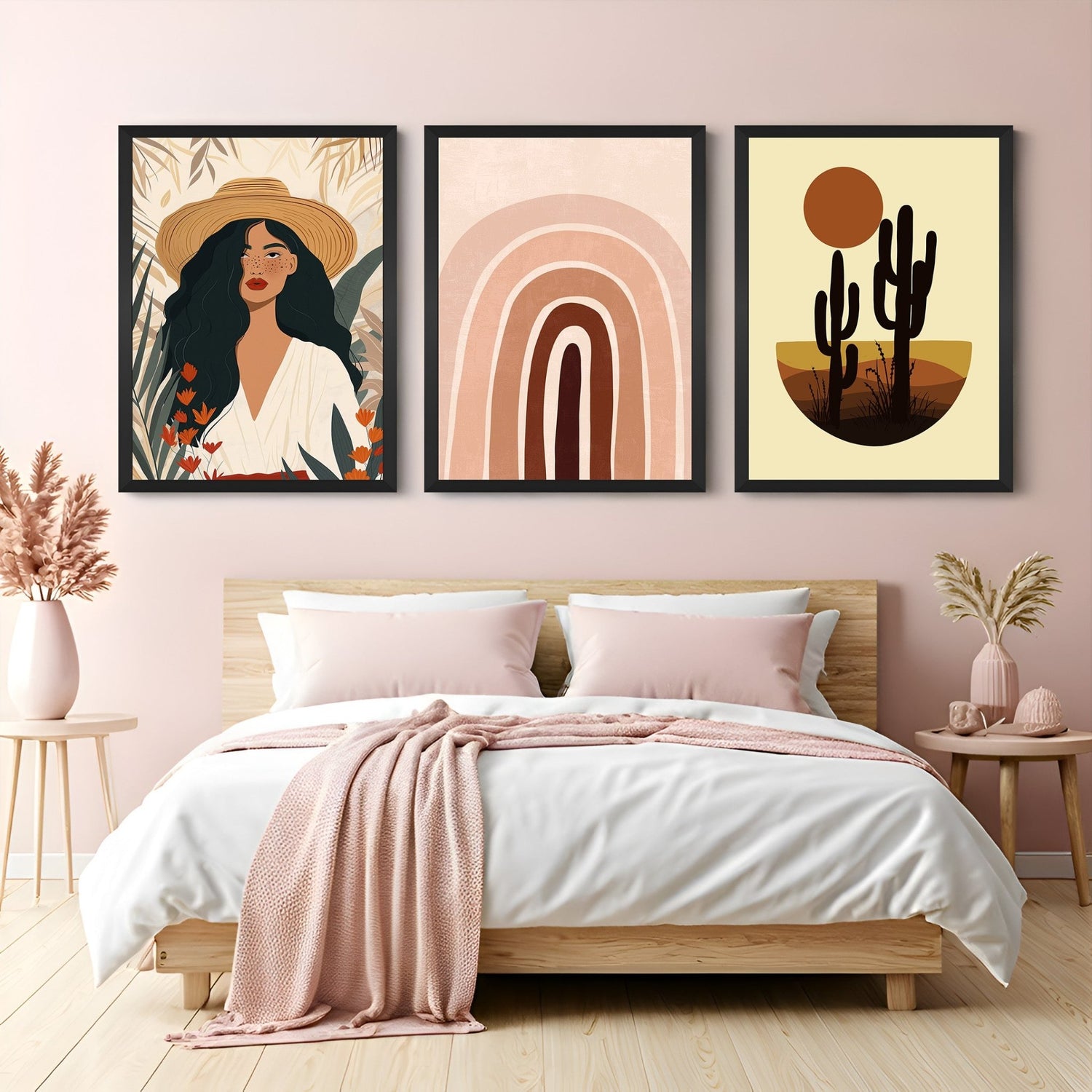 Canvas trio featuring a boho floral girl with hat, kid-style pastel rainbow, and serene desert landscape – perfect for stylish bohemian walls