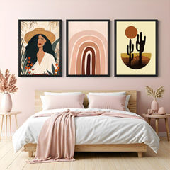 Canvas trio featuring a boho floral girl with hat, kid-style pastel rainbow, and serene desert landscape – perfect for stylish bohemian walls