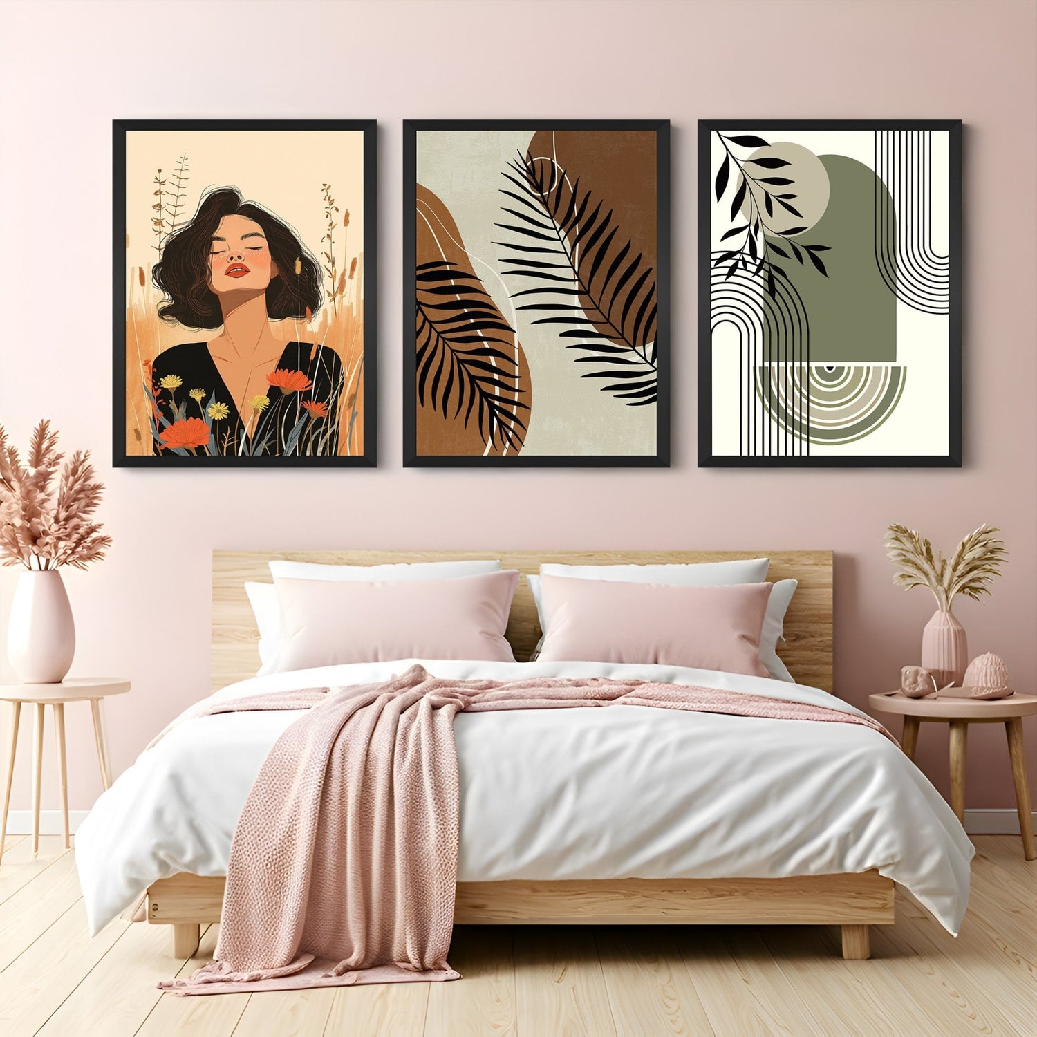 Canvas trio with girl artwork, earthy abstract tones, and green minimal leaf line art – perfect for boho and nature-inspired interiors