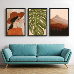 Set of 3 boho canvas prints featuring a girl in hat, simple green leaf artwork, and layered mountain shapes in earthy shades – for modern wall styling