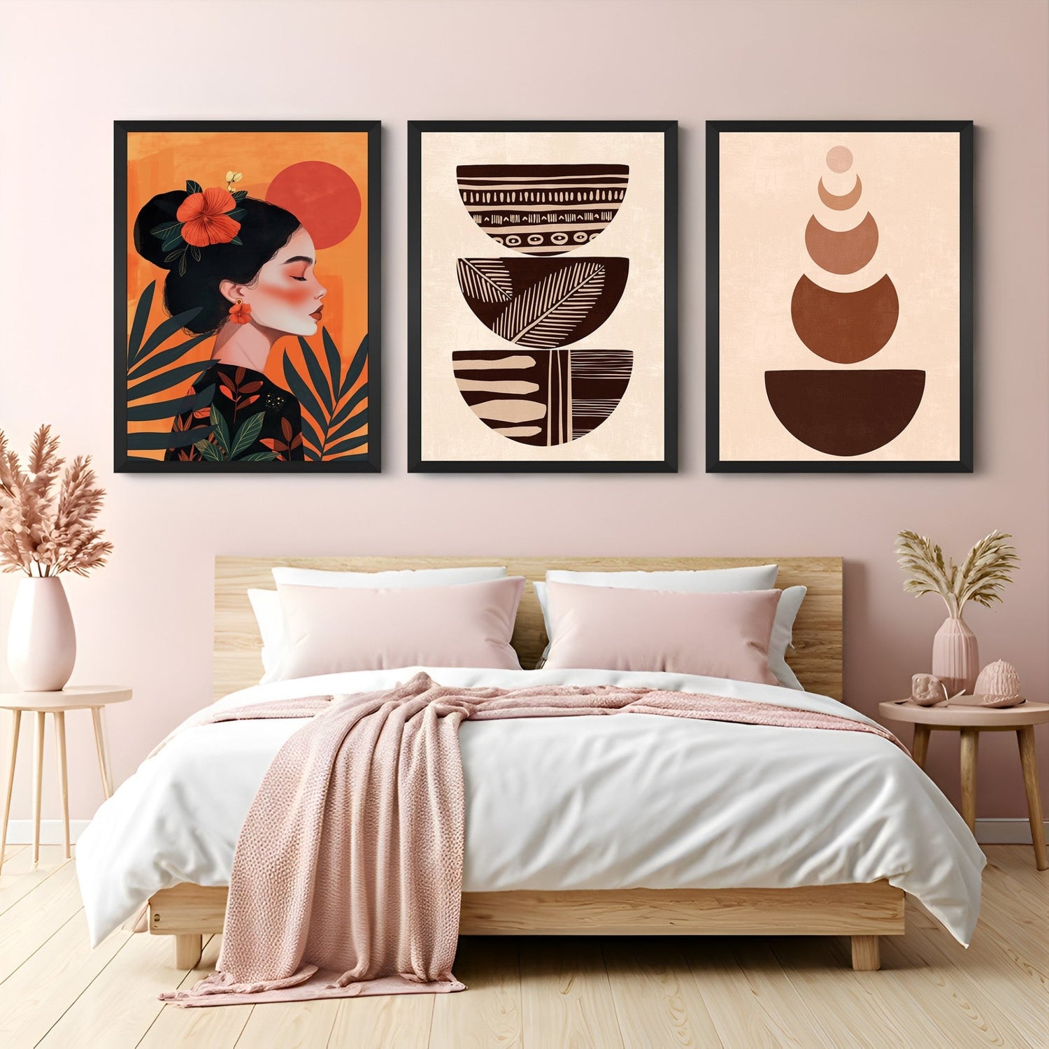 Canvas trio featuring Japanese girl in side view, bowl form print, and minimal boho shapes – great for calm, culturally inspired spaces