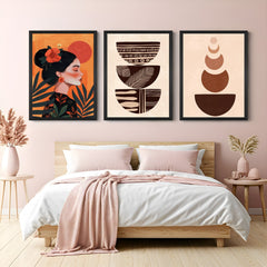 Canvas trio featuring Japanese girl in side view, bowl form print, and minimal boho shapes – great for calm, culturally inspired spaces