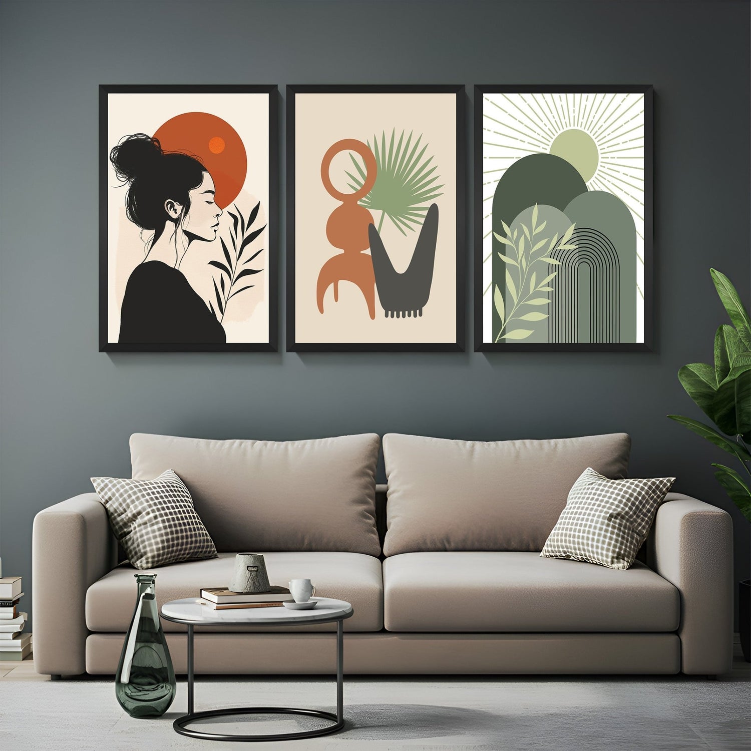 Boho canvas trio with Japanese girl, abstract minimal design, and green boho artwork – for peaceful, stylish interiors