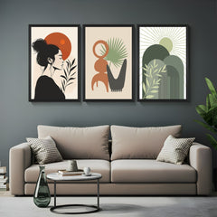Boho canvas trio with Japanese girl, abstract minimal design, and green boho artwork – for peaceful, stylish interiors