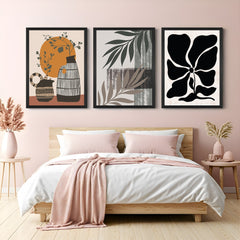 Boho canvas trio with two flower pots, abstract botanical leaf art, and monochrome flower print – calming, modern wall decor