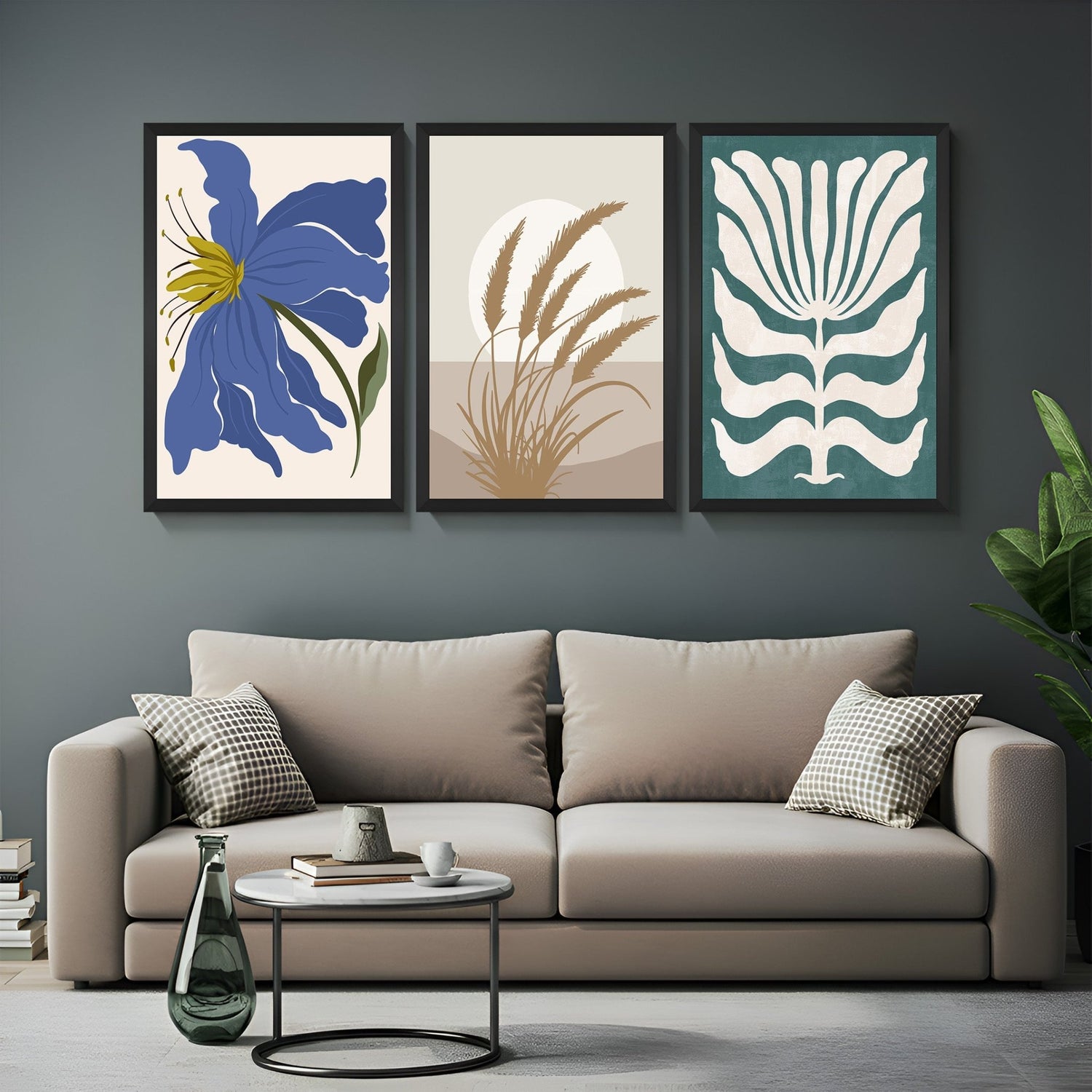 Set of 3 boho canvas prints featuring cool-toned blue flower, cropped floral artwork, and flower print – ideal for modern earthy decor