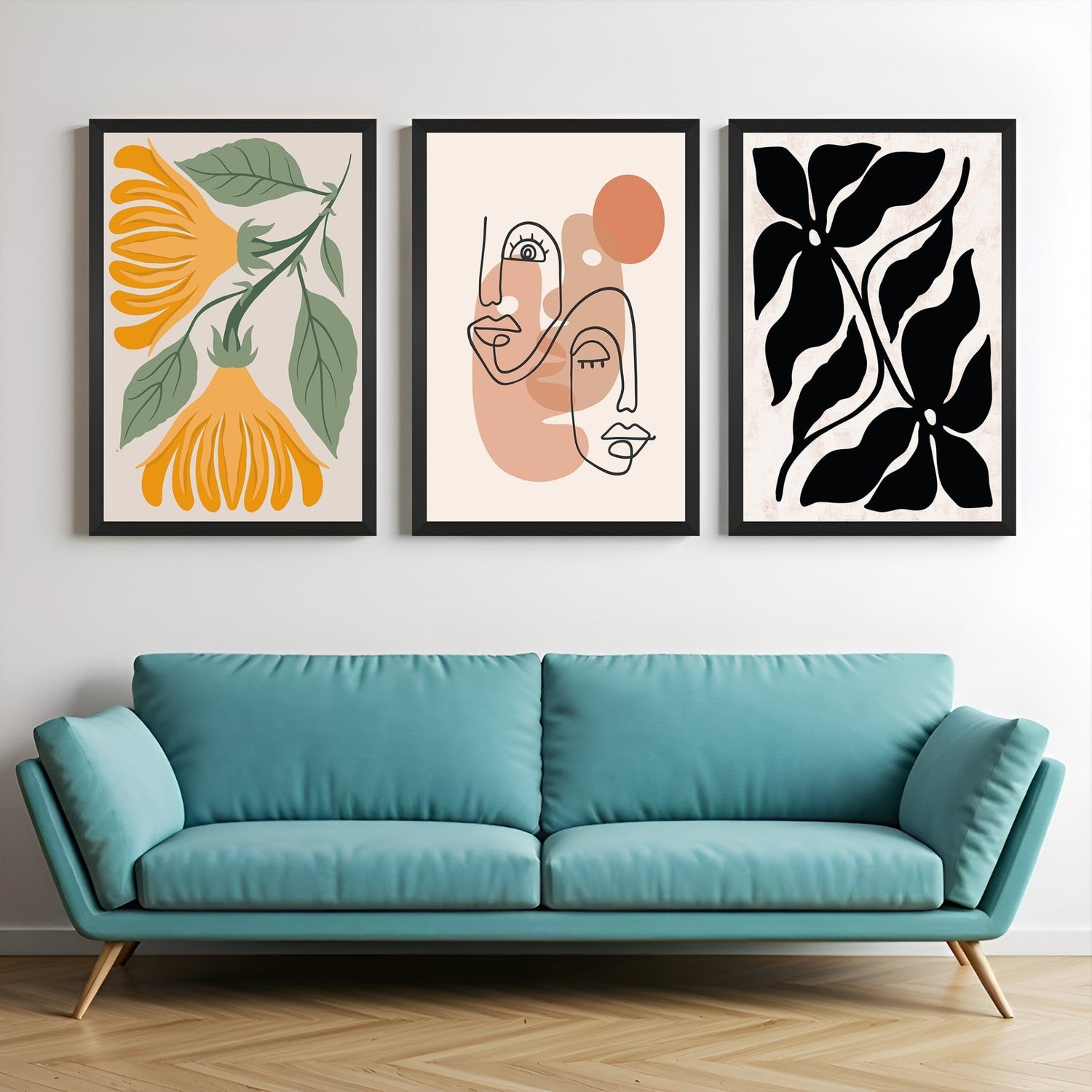 Set of 3 boho canvas prints featuring abstract face line art, black flower print, and soft floral artwork – ideal for stylish home decor