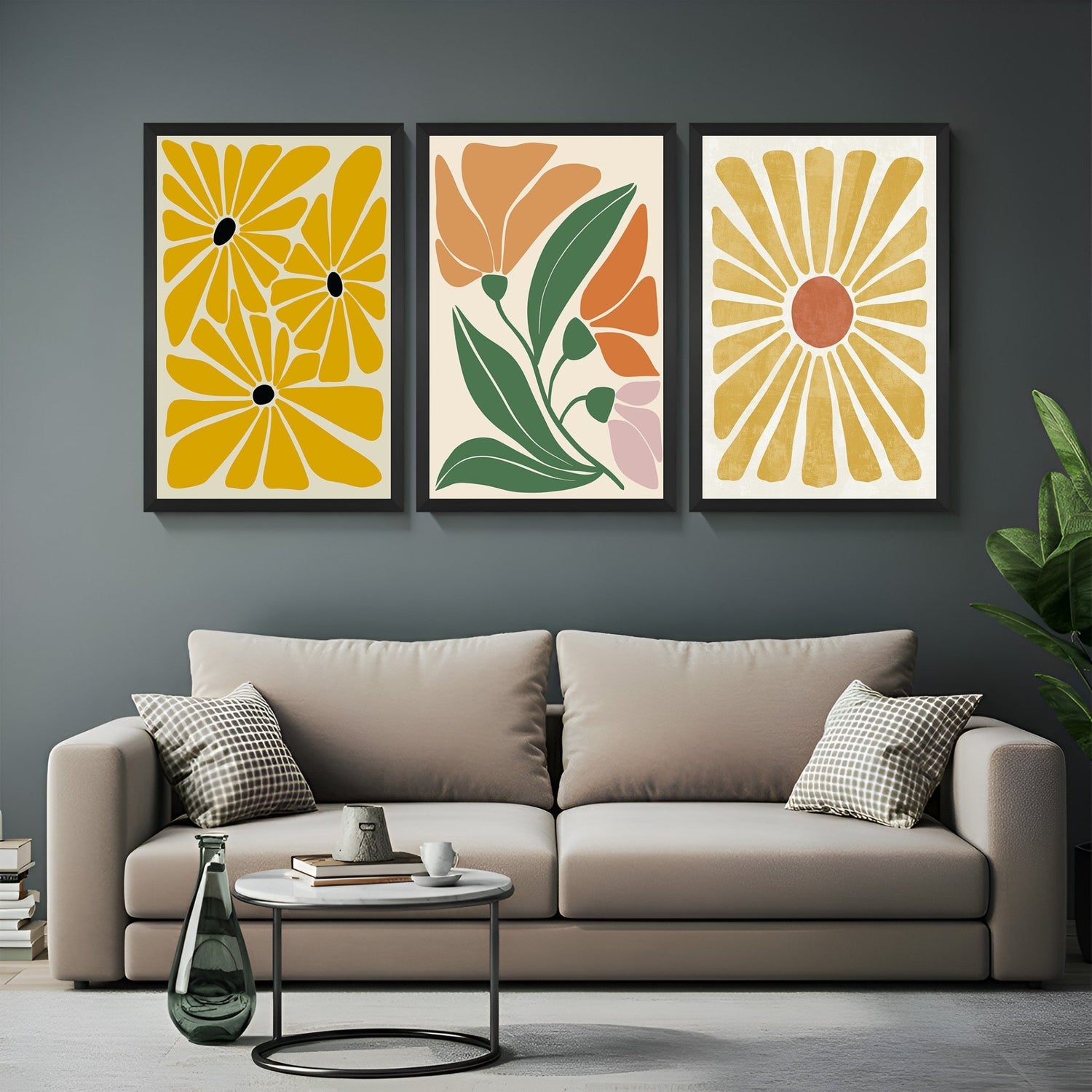 Boho wall art set of 3 including floral prints and a painted-style sun – earthy tones and natural charm for calming home decor