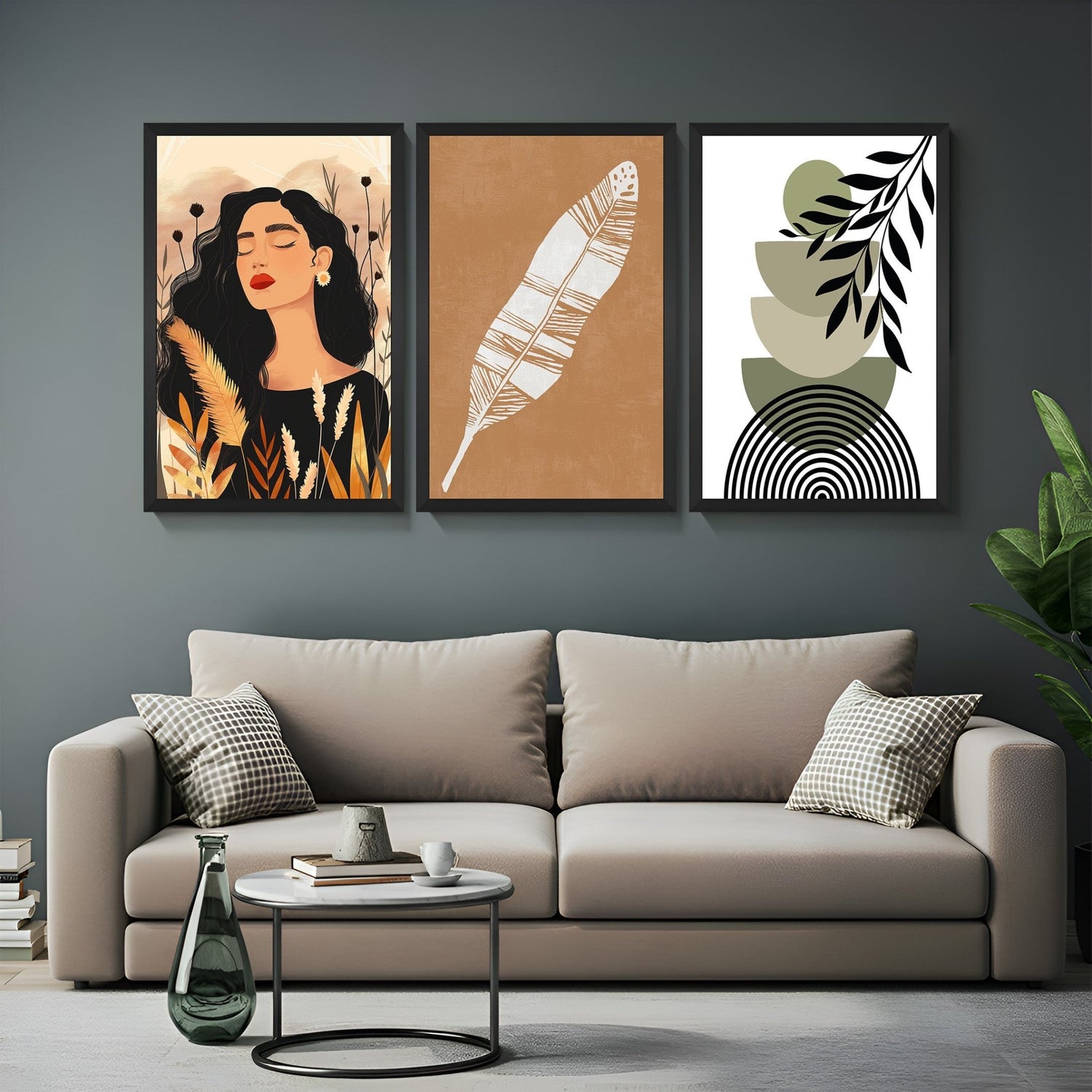 Set of 3 boho canvas prints featuring girl illustration, leaf artwork, and soft green abstract – perfect for calm and stylish spaces