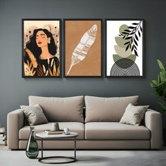 Set of 3 boho canvas prints featuring girl illustration, leaf artwork, and soft green abstract – perfect for calm and stylish spaces