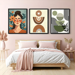 Canvas wall art set with boho girl, abstract boho design, and green minimal elements – ideal for stylish, serene home spaces
