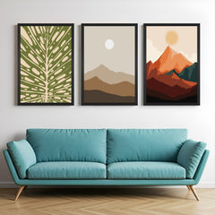 Set of 3 canvas prints featuring green bold art, minimal sand dune with sun, and mountain view – perfect for modern boho wall decor