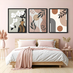 Boho wall art set of 3 with white flower in pot, minimalism, and youthful Gen Z design – for earthy and creative modern spaces