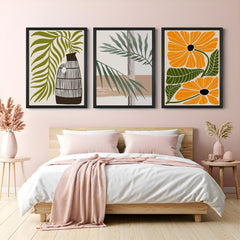 Boho wall art set with flower pot, botanical branch, and orange flowers – earthy, calming, and modern decor statement