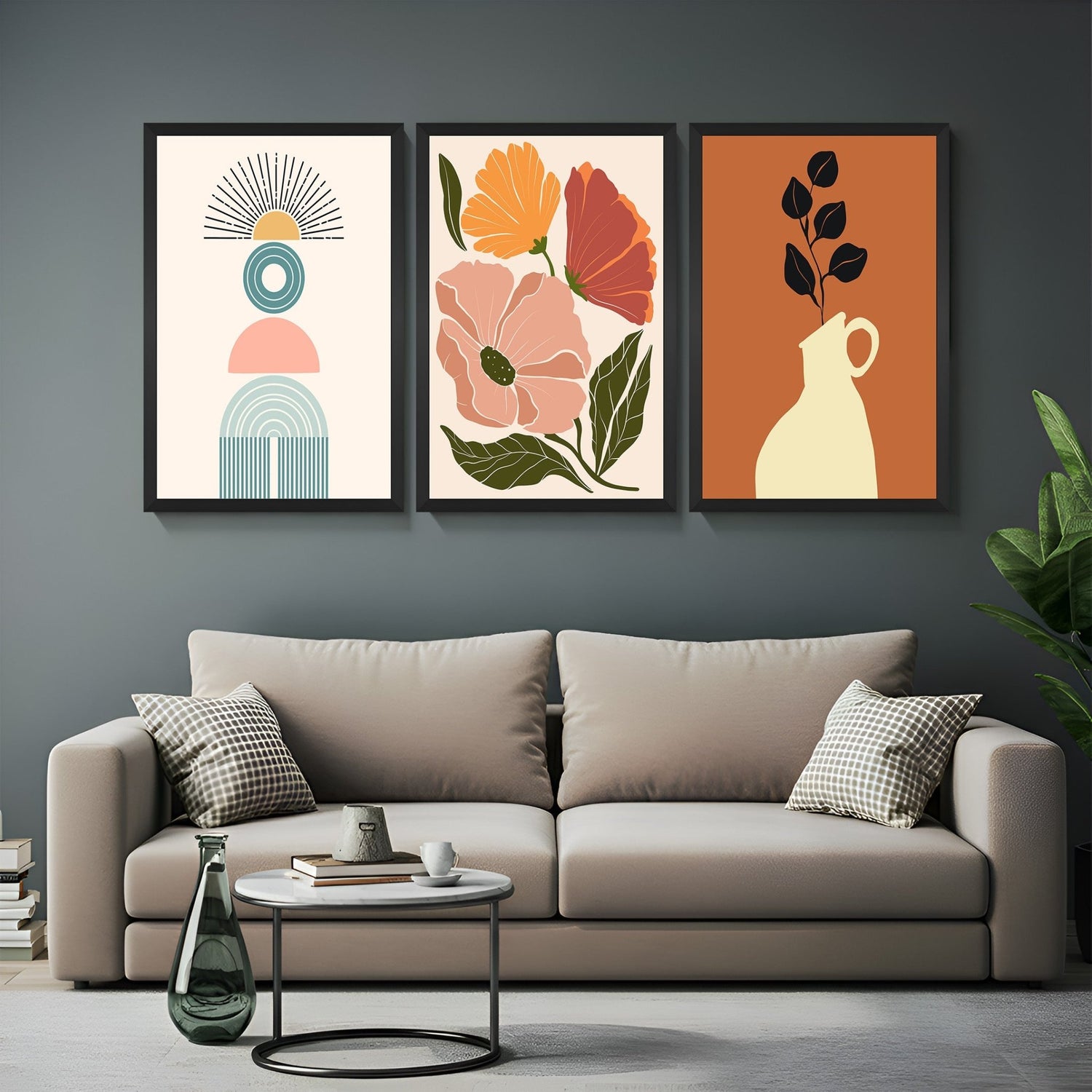Set of 3 boho prints with clean abstract minimalism, flower artwork, and leafy plant in pot – ideal for earthy and aesthetic spaces