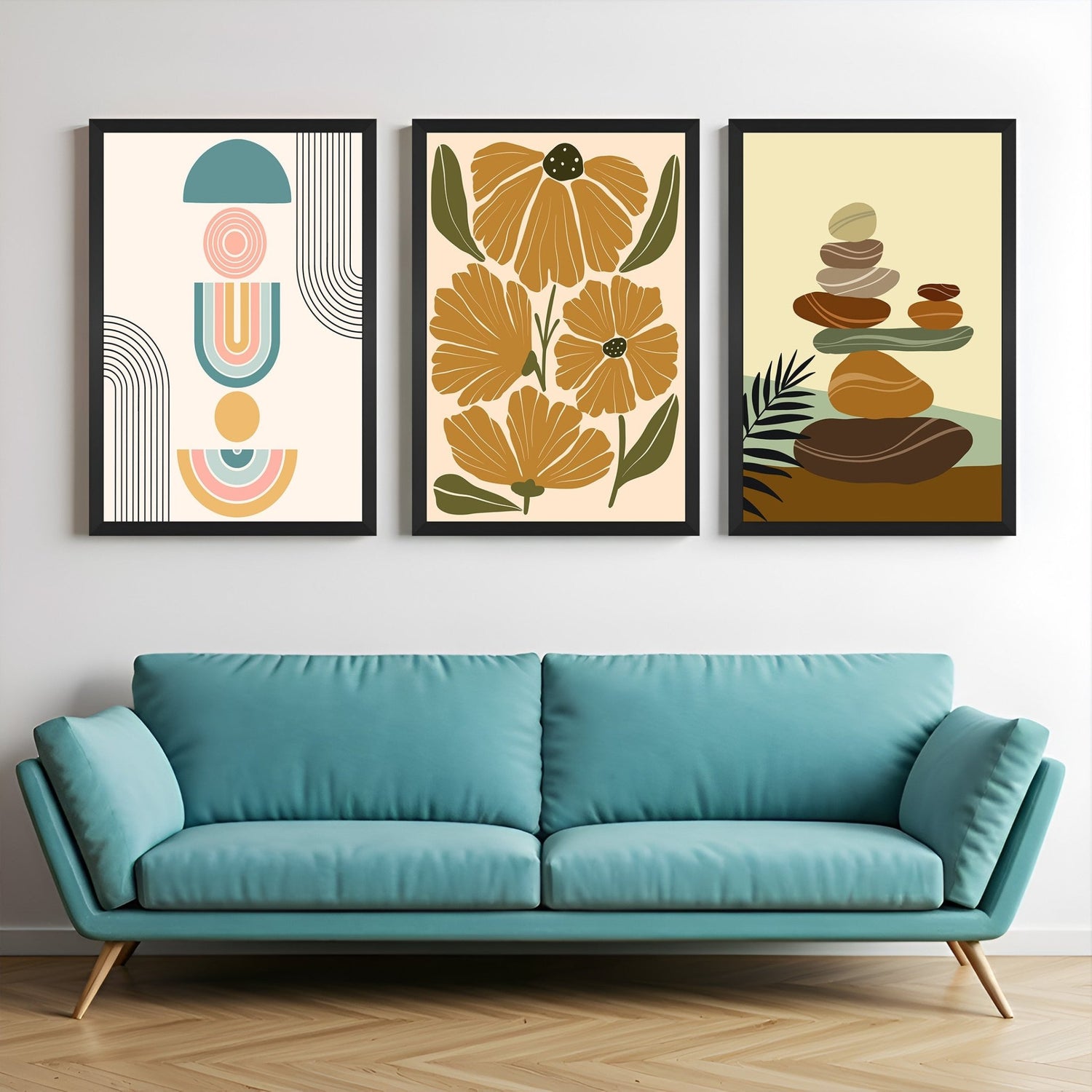 Boho canvas set of 3 featuring modern minimalism, soft flower design, and natural rock stack – ideal for calm, grounded home decor