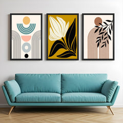 Set of 3 boho canvas prints featuring minimalistic art, floral print, and earthy leaf line design – perfect for warm nature-inspired decor
