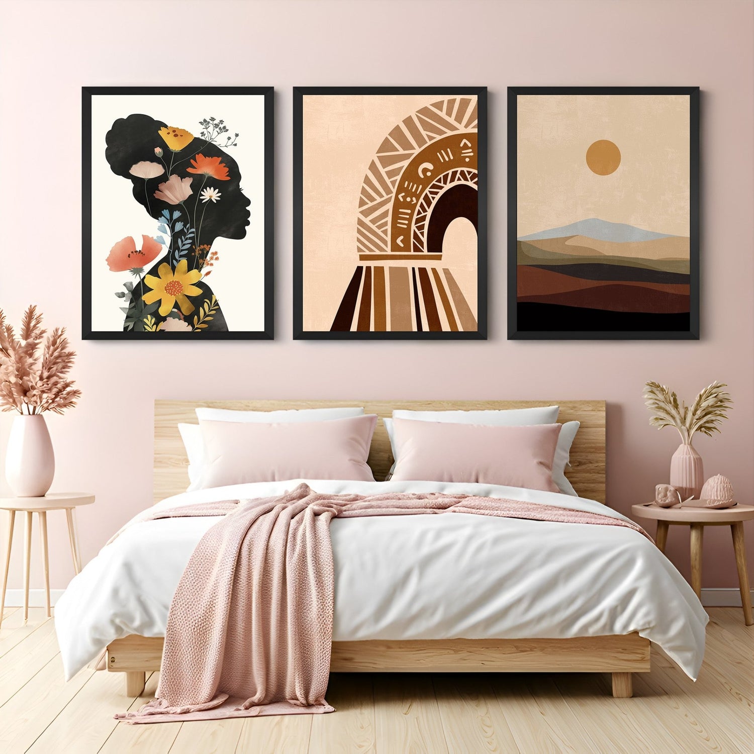 Canvas wall art set with flower-covered shadow girl, earthy abstract design, and boho desert scene – for stylish modern bohemian spaces