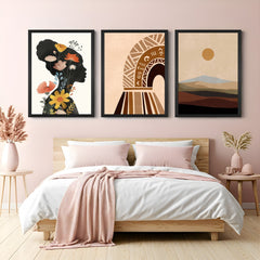 Canvas wall art set with flower-covered shadow girl, earthy abstract design, and boho desert scene – for stylish modern bohemian spaces
