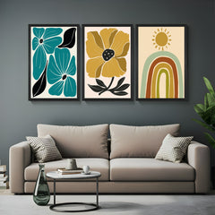 Set of 3 boho prints with abstract flower art and pastel rainbow sun design – ideal for nurseries, bedrooms, or cozy boho corners