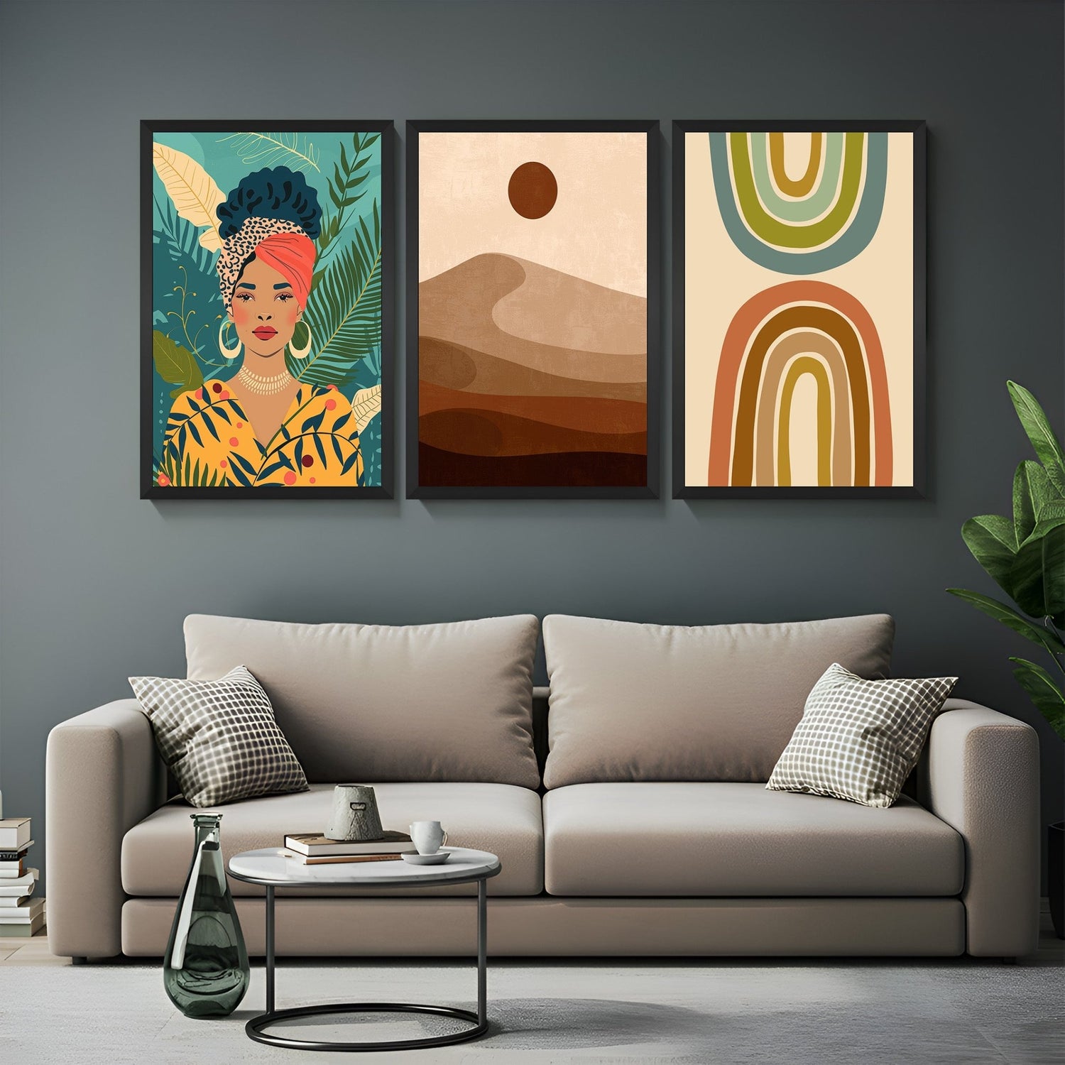 Canvas trio featuring floral woman, desert print, and minimalist earthy abstract – great for warm, stylish bohemian-inspired interiors