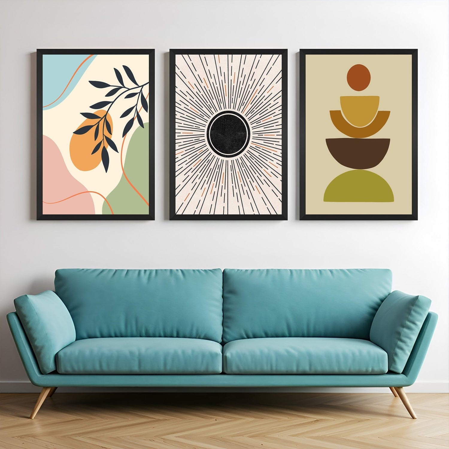 Boho wall art trio featuring botanical pastel shapes, black sun line art, and color-blocked abstract design – perfect for calm, expressive styling