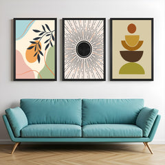 Boho wall art trio featuring botanical pastel shapes, black sun line art, and color-blocked abstract design – perfect for calm, expressive styling