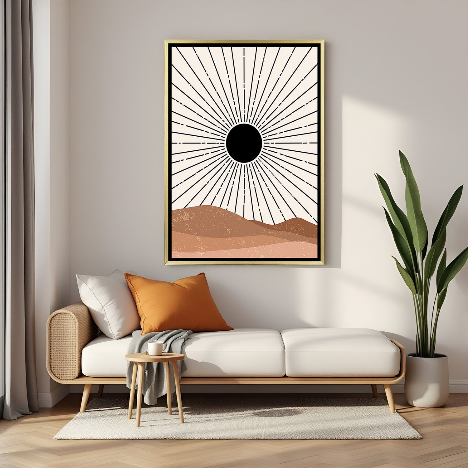 Golden frame wall art with abstract sun rays and desert tones – bohemian minimalist style